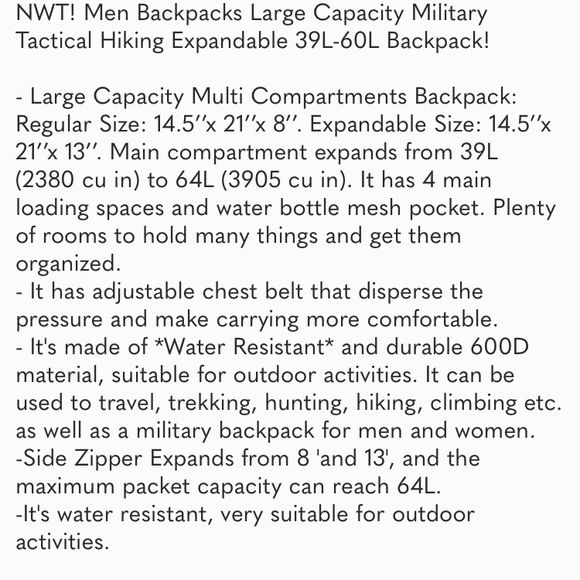 Men Backpacks Large Capacity Expandable Black Hiking Outdoors Military Backpack - Picture 7 of 7